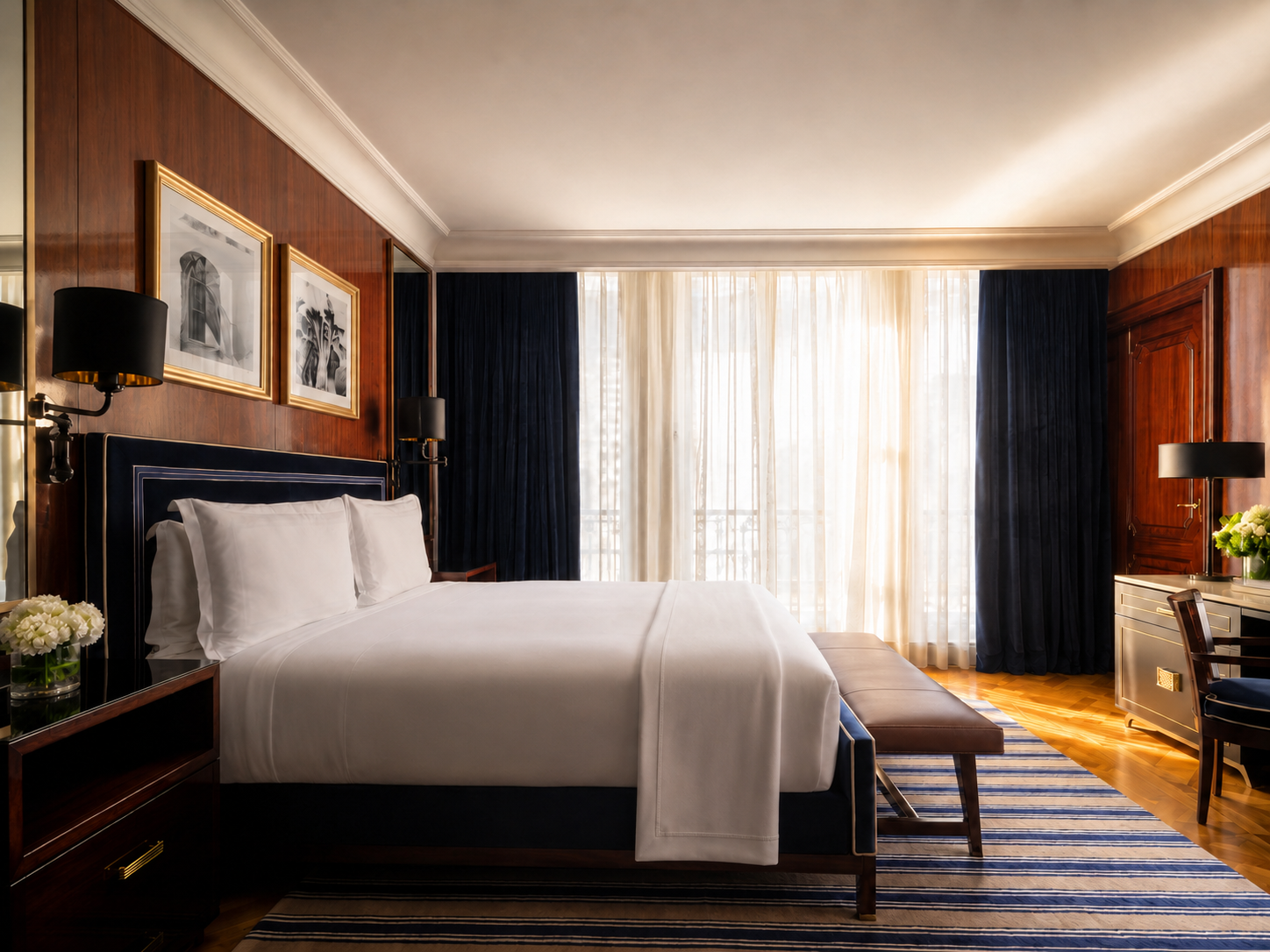 The bedroom suite — mahogany paneling, navy curtains, and herringbone parquet